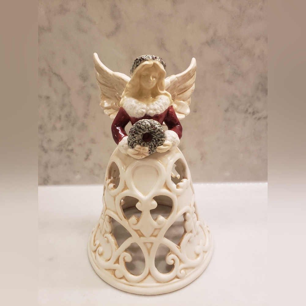 Christmas Angel with Wreath Luminary- Ceramic Tea Light Cove